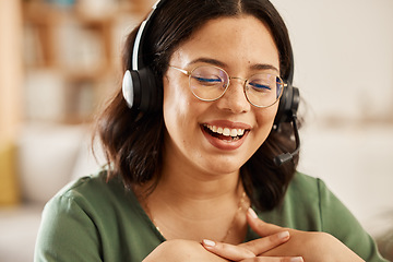 Image showing Home customer support, face and happy woman consulting on receptionist, secretary or telecom services. Freelance, remote work and closeup person on loan sales pitch, consultation or insurance advice