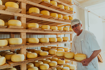 Image showing A worker at a cheese factory sorting freshly processed cheese on drying shelves