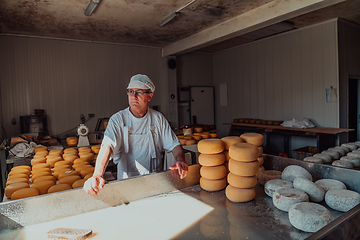 Image showing The cheese maker sorting freshly processed pieces of cheese and preparing them for the further processing process