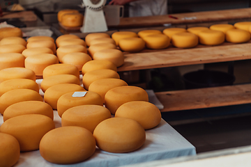 Image showing A large storehouse of manufactured cheese standing on the shelves ready to be transported to markets