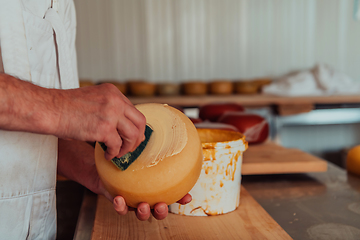 Image showing Cheese maker working in the industry for manual production of homemade cheese