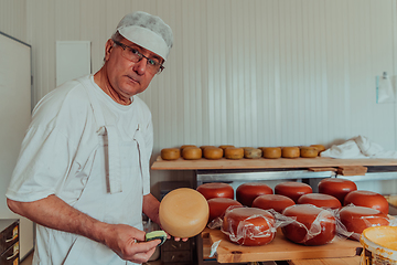 Image showing Cheese maker working in the industry for manual production of homemade cheese