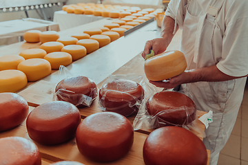 Image showing Cheese maker working in the industry for manual production of homemade cheese