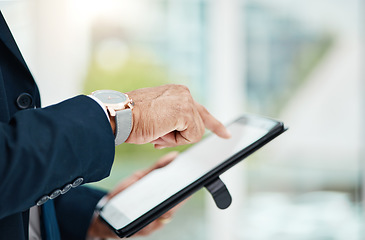 Image showing Tablet screen, hands and a person typing at work for communication, social media or contact. Closeup, corporate and an employee with technology for business, networking or email check in an office
