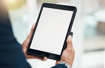 Image showing Tablet screen, hands and person with an app at work for communication, social media or contact. Closeup, corporate and an employee with technology for business, networking or email check at an office