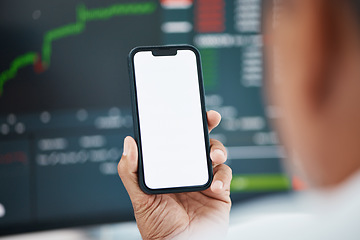 Image showing Mockup phone screen, person hands or stock market results, graphic or financial economy feedback, trading news or report. Closeup cellphone, invest or trader reading finance income, revenue or profit