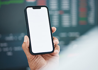 Image showing Mockup phone screen, person hands and stock exchange article, financial economy review or IPO launch news. Closeup cellphone UI, investment review or broker reading finance numbers, revenue or profit