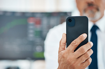 Image showing Cellphone, hands and business man trading crypto, NFT or invest in stock market exchange, IPO or fintech company. Closeup phone mockup, economy news and male trader reading financial accounting info