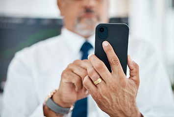 Image showing Networking cellphone, hands and business man typing, scroll or search online database, texting or contact user. Closeup smartphone connection, application and professional person check research info