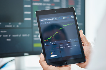 Image showing Tablet, stock market and trading with hands of man in office for investment graph, cryptocurrency and finance. Digital, technology and research with closeup of person for economy, analytics or profit