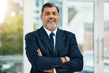 Image showing Pride, portrait and a mature businessman with arms crossed for office or company management. Smile, work and a corporate employee with confidence, happiness and professional mindset for executive job