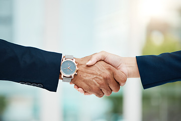 Image showing Closeup, business and handshake with agreement, deal and contract with partnership, collaboration or greeting. Zoom, staff or shaking hands with cooperation, job interview or hiring with recruitment