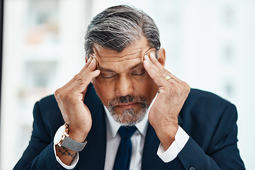 Image showing Headache, professional and senior man with burnout with crises or corporate mistake in office. Senior male person, migraine and management with stress or depression and pain or fatigue at workplace.