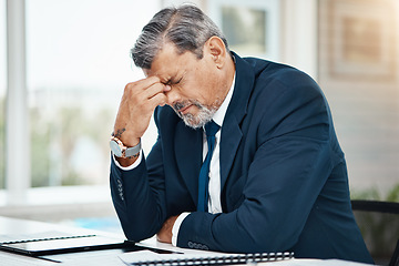 Image showing Headache, stress and business man in office for financial report, mistake or problem and career crisis with documents. Pain, frustrated or fatigue of executive, CEO or person for accounting or taxes