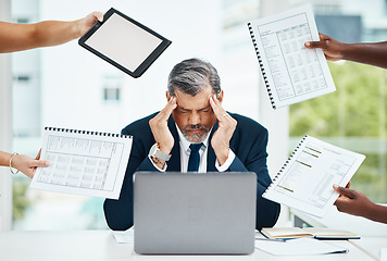 Image showing Headache, chaos and business man or manager stress for documents, tablet crisis and accounting problem. People hands, taxes and laptop of tired CEO for multitask, digital mockup and brain fog or pain