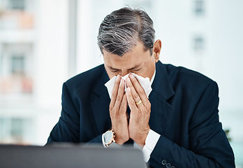 Image showing Mature business man, blowing nose and sick with allergy, covid or virus in company office. Professional, tissue paper and manager with allergies for health problem, cold fever and bacteria in winter