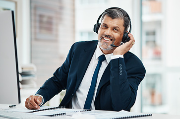 Image showing Portrait, call center and mature man with smile for business, customer service and listening for support. Face, telemarketing and happy professional, sales agent and entrepreneur working at help desk