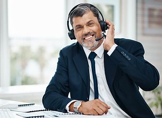 Image showing Portrait, call center and mature man happy for business, customer service and listening for support. Face smile, telemarketing and professional, sales agent or consultant working at help desk for crm