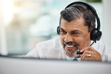 Image showing Happy, call center and mature man listening for business, customer service or support. Contact us, telemarketing and professional smile, sales agent or crm consultant working at help desk in office