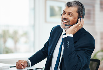 Image showing Listening, call center and mature man with smile for business, customer service and talk for crm support. Communication, telemarketing and happy professional, sales agent or entrepreneur at help desk