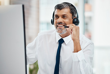 Image showing Computer, call center and mature man listening for business, customer service and support. Smile, telemarketing and happy professional, sales agent and crm consultant working at help desk in office