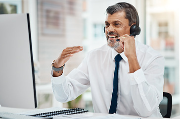 Image showing Computer, call center and mature man talking for business, customer service or listen for support. Contact us, telemarketing and happy professional, sales agent or crm consultant working at help desk