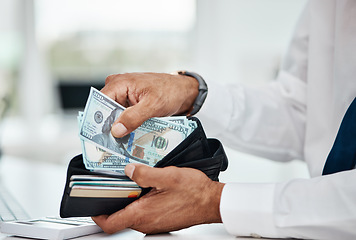 Image showing Business man, hands and wallet of dollars for finance, economy and banking investment. Closeup, rich worker and financial money, salary and income bills of budget, savings and accounting of payment