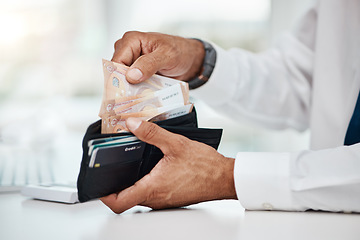 Image showing Business man, hands and wallet of euros for finance, trading economy and banking budget. Closeup, rich trader and financial profit of money, income or bonus bills, cash savings or accounting payment