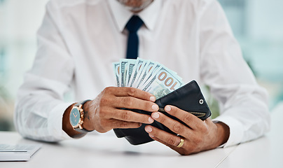 Image showing Business man, hands and wallet of money for finance, trading economy and banking budget. Closeup, rich trader and financial growth of salary, income or bonus bills, cash savings or accounting payment