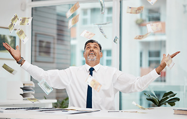 Image showing Happy senior businessman, money rain and celebration for financial freedom, lottery or salary at office. Excited mature man with smile for winning cash, lottery or growth on investment and savings