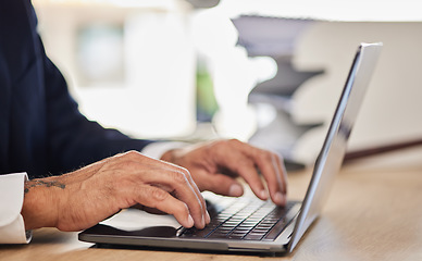 Image showing Hands, laptop and business man typing email, planning research and online report at office desk. Closeup, corporate employee working on computer, digital software and network connection in company