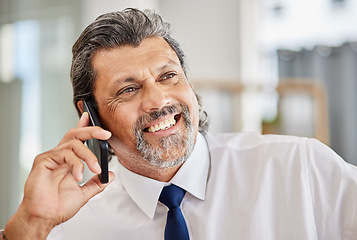 Image showing Phone call, happy man and senior manager in office at law firm, consulting on legal advice and communication. Cellphone, smile and businessman, attorney or lawyer in advisory conversation with pride.