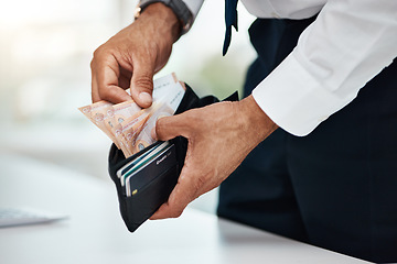 Image showing Businessman, hands and money wallet of euros for finance, trading economy and banking budget. Closeup of rich trader, financial profit and income for bonus bills, cash savings and accounting payment