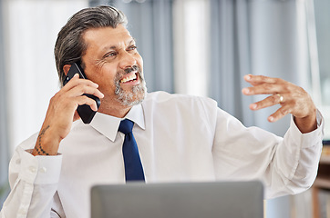 Image showing Phone call, happy man and senior manager networking in office at law firm, consulting on legal advice and communication. Cellphone, smile and businessman, attorney or lawyer in advisory conversation.