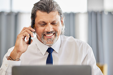 Image showing Phone call, man and senior manager with smile in office at law firm, consulting on legal advice and networking. Cellphone, advice and happy businessman, attorney or lawyer in conversation with pride.