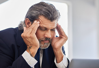 Image showing Headache, face and senior business man depressed, frustrated and stress over corporate mistake, bankruptcy or fatigue. Executive crisis, migraine pain and senior person burnout, tired or overwhelmed