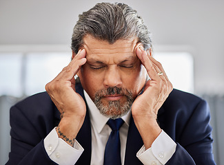 Image showing Senior business man face, problem and headache over corporate mistake, company fail and sad CEO tired in office. Mental health anxiety, migraine pain and senior person burnout, fatigue or depressed