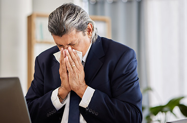 Image showing Business, sick and senior man sneeze, tissue or allergy with bacteria, flu season or disease. Male person, lawyer or employee with allergies, risk of health, cold or influenza or fever in an office