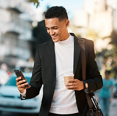 Image showing Business man, phone and text in a city with social network and smile in the morning with commute. Happy, mobile networking and online app search with coffee and travel on urban street with typing