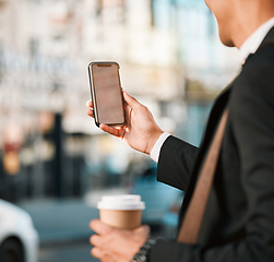 Image showing Hand, phone and location with a business man in the city, searching a map on his morning commute for work. Mobile, app and navigation with a male employee following directions on an urban street