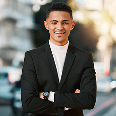 Image showing Crossed arms, happy and portrait of business man for positive mindset, startup goals and commute. Travel, professional job and face of male entrepreneur in urban town for career, working and success