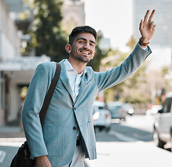 Image showing Business man, wave and taxi in traffic, street or city for transportation, travel and smile in finance career. Young accountant, happy and outdoor on sidewalk to stop bus, tram or car in metro road