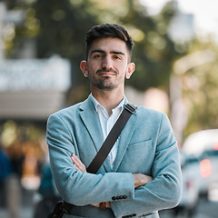 Image showing Crossed arms, city and portrait of business man for career mindset, startup goals and commute. Travel, professional and face of serious male entrepreneur in urban town for job, working and success