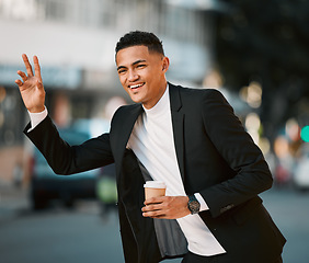 Image showing Business man, wave and taxi in street, traffic and city for transport, travel and coffee in legal career. Corporate lawyer, happy and outdoor on sidewalk to stop bus, chauffeur and car in metro road