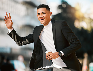 Image showing Business man, wave and taxi in city, traffic and street for transport, travel and coffee in legal career. Corporate lawyer, happy and outdoor on sidewalk to stop bus, chauffeur and car in metro road