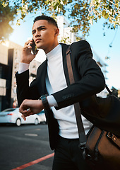 Image showing Business man, phone call and city with a watch, talking or contact with connection, check time or deadline. Entrepreneur, appointment or professional with smartphone, commute or late for an interview