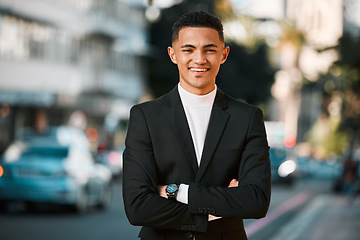 Image showing Crossed arms, business and portrait of happy man in city for confident, startup goals and commute. Travel, professional job and face of male entrepreneur in urban town for career, working and success