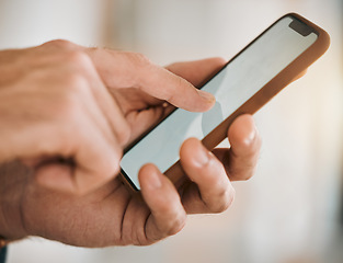 Image showing Hands, phone screen and closeup to click for social media, typing and scroll. Smartphone, technology and finger of person with mobile for communication, email or app for internet, website and search