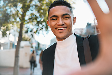 Image showing Selfie, city and portrait of business man in street for social media, profile picture and post. Travel, professional and face of happy male worker with smile excited for career, job and success