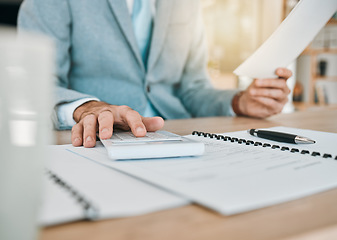 Image showing Accounting paperwork, hands and calculator for an audit, finance administration or planning report. Desk, work and an accountant with documents in an office for analysis, bookkeeping or budget